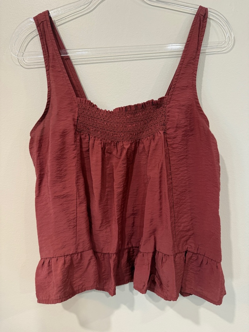 Anthropologie Maeve Smocked Ruffle-Hem Swing Tank Top Dark Mauve Burgundy - Picture 2 of 4